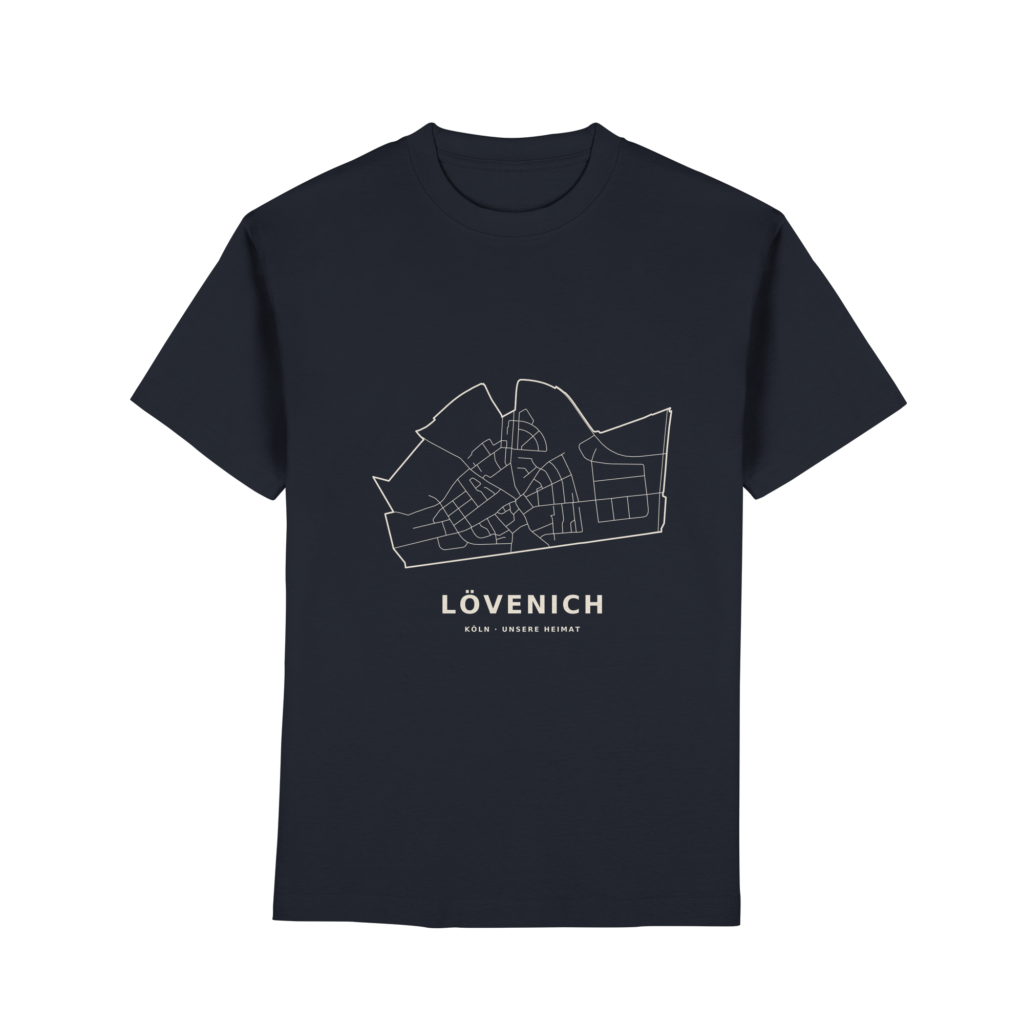 Unsere Straßen – Lövenich | T-Shirt mit großem Frontdruck in Navy – Hersteller-Mockup, Druck und Farben können abweichen.