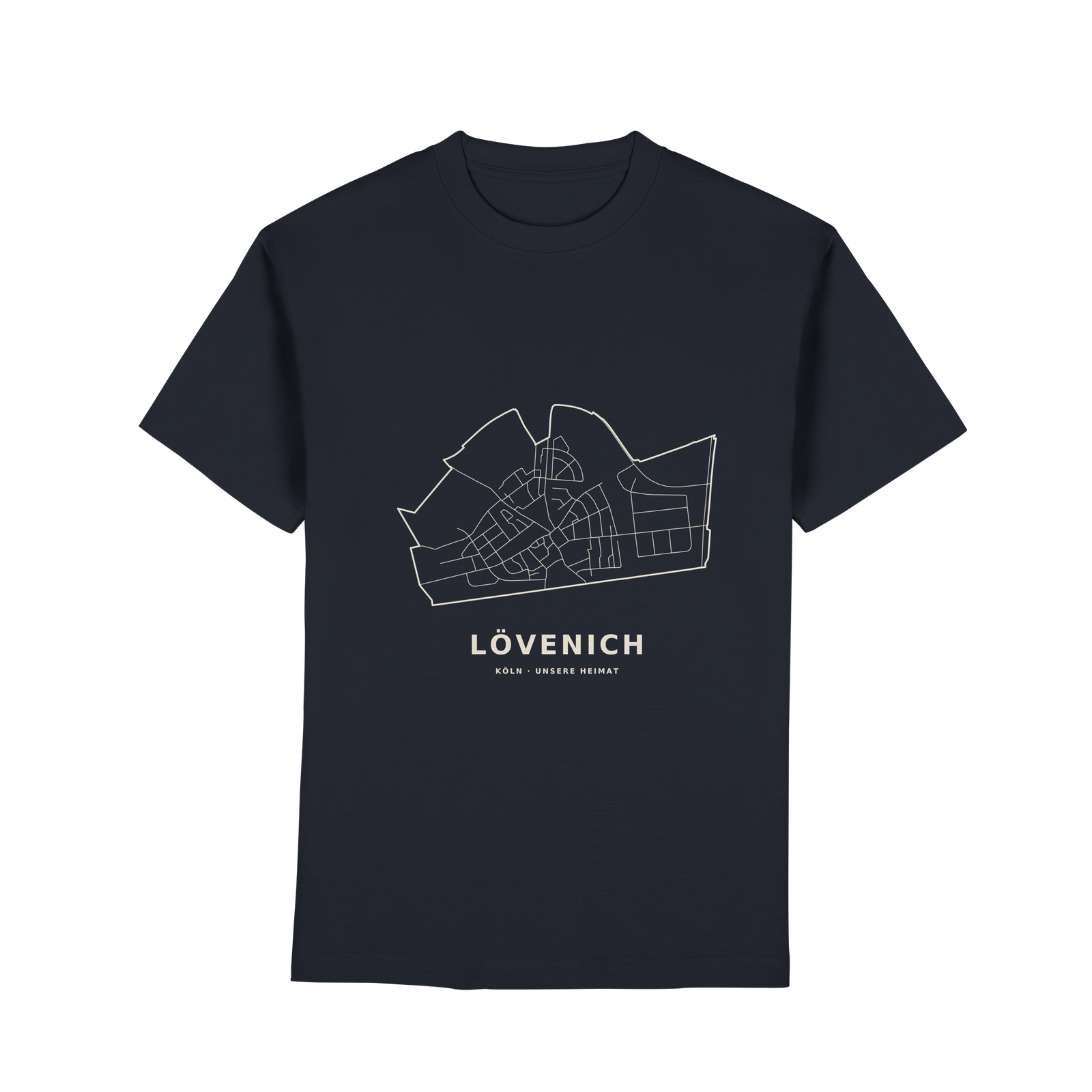 Unsere Straßen – Lövenich | T-Shirt mit großem Frontdruck – Produktvisualisierung