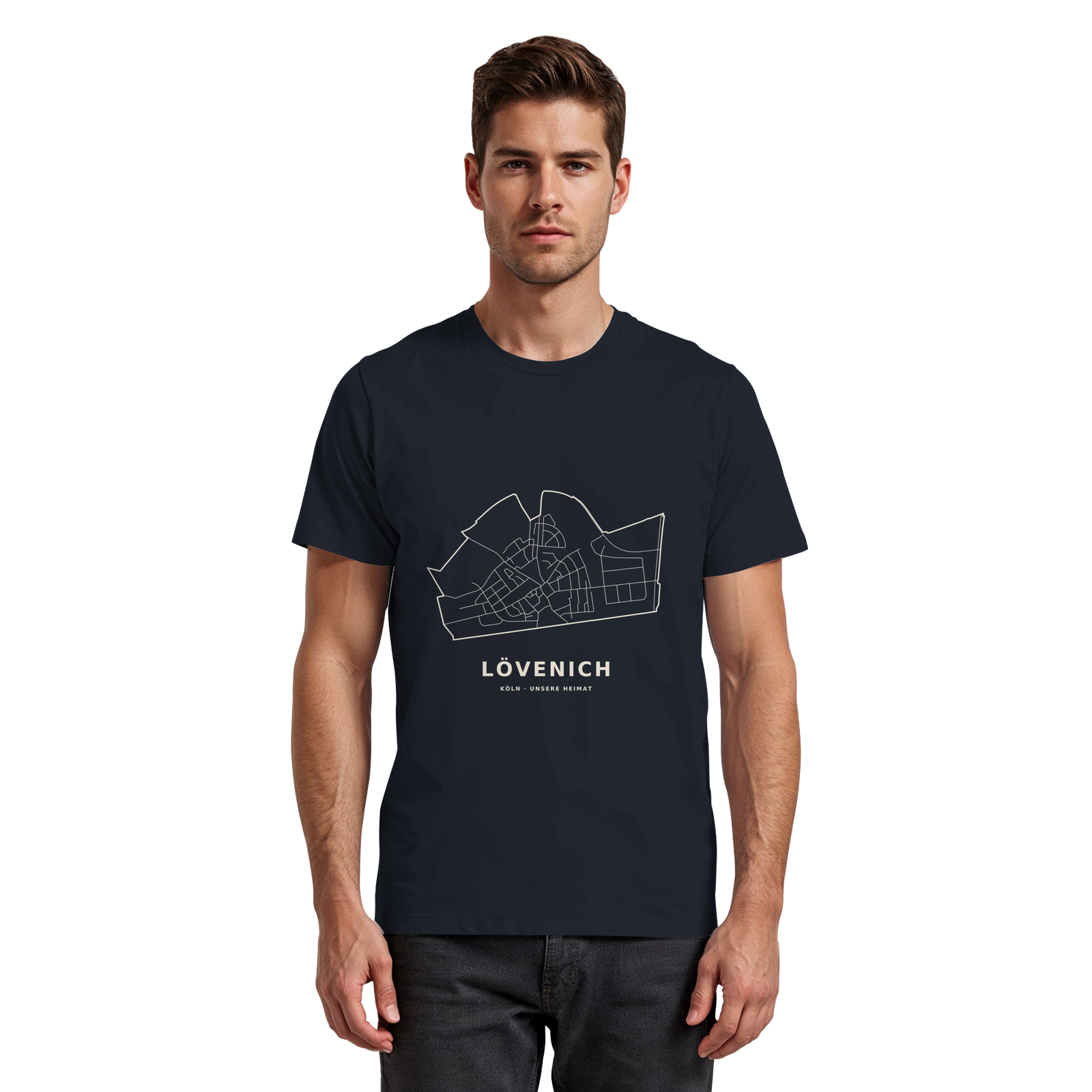 Unsere Straßen – Lövenich | T-Shirt mit großem Frontdruck in Navy – Hersteller-Mockup, Druck und Farben können abweichen.