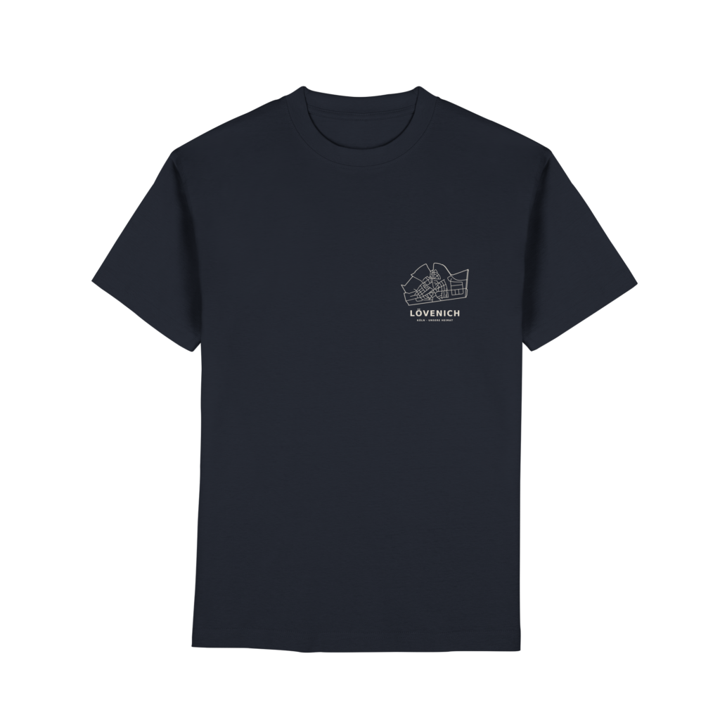 Unsere Straßen – Lövenich | T-Shirt mit kleinem Brustmotiv in Navy – Hersteller-Mockup, Druck und Farben können abweichen.